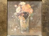painting of a vase of flowers in a gold frame on a table