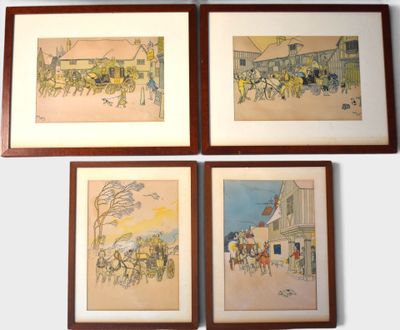 four framed paintings of horses and carriages in a row