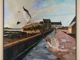 a painting of a seagull flying over a brick walkway