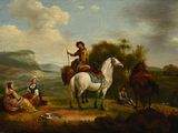 a painting of a man riding a horse with a group of people