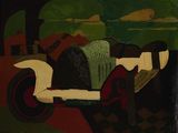a painting of an old car on display in a museum