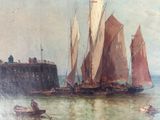 a painting of boats in the water near a pier
