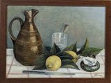 a painting of a pitcher, lemons, and a knife on a table