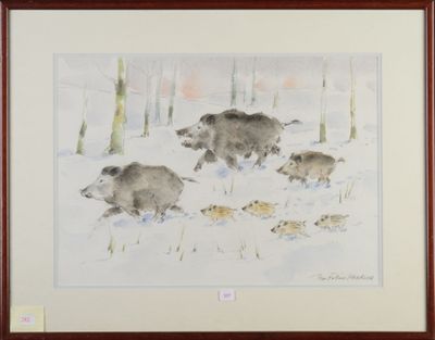 une photo d'un tableau représentant une famille de sangliers dans la neige