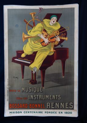 an old poster of a woman playing a musical instrument on a piano