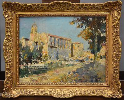 an image of a painting of a building in a gold frame