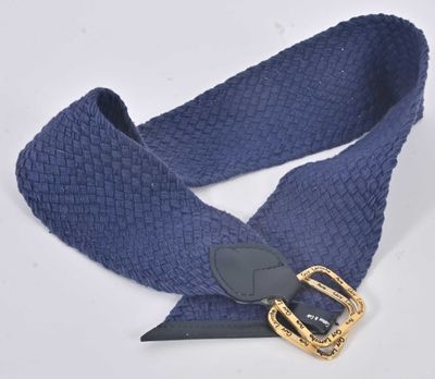navy blue woven belt with gold buckle on white background