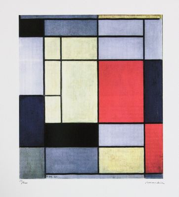 a painting of squares and rectangles in red, yellow, blue, and black