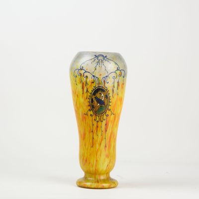 LEGRAS Vase monté en lampe en verre marbré jaune et orange e…