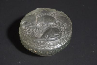 a glass box with a bird on it on a black surface