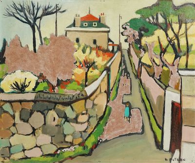 un tableau représentant une femme marchant dans la rue