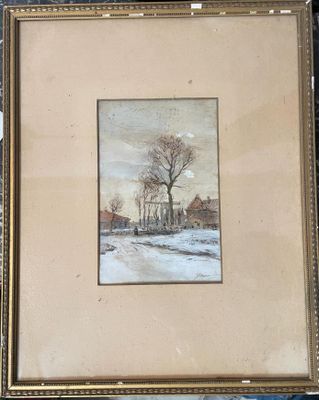 tableau représentant un paysage hivernal avec une maison et des arbres en arrière-plan