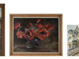 three framed paintings of a city street with buildings and trees