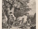 un vieux dessin en noir et blanc représentant un homme à cheval dans une zone boisée