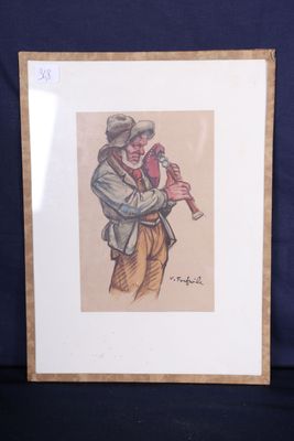 painting of a man in a hat holding a pipe in his right hand
