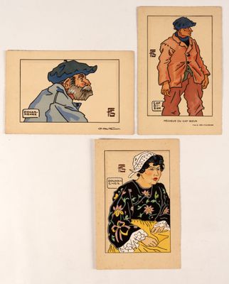 trois anciennes cartes postales japonaises représentant un homme, une femme et un enfant
