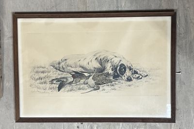 painting of a dog laying on the ground with a duck in its mouth