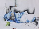 un dessin représentant un chat endormi sur un lit