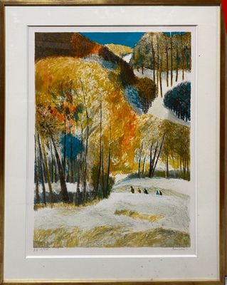 une photo d'une photo d'un tableau représentant une montagne