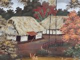 a painting on the wall of a house with a pond