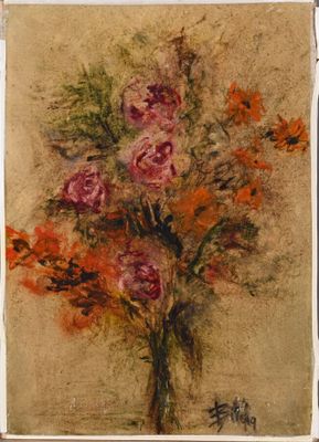 peinture représentant un vase de fleurs posé sur une table, sur fond marron