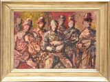 un tableau représentant un groupe de personnes assises ensemble