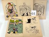 four books with drawings of people and animals on them