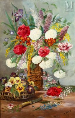 une peinture de fleurs dans un panier sur une table