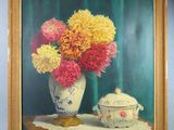 a picture of a painting of flowers in a vase on a table