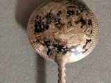 a silver spoon with a handle that has a design on it