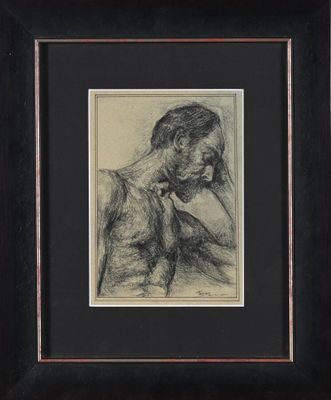 un dessin en noir et blanc représentant un homme, la main posée sur le menton