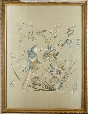 painting of two birds on a branch of a tree with flowers