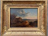 une peinture à l'huile représentant un paysage avec du bétail au premier plan