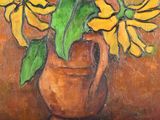 a painting of yellow flowers in a vase on a table