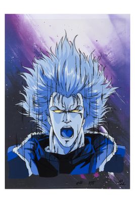 a painting of a blue gohan with his mouth open