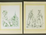 three framed drawings of people walking in a line on a wall