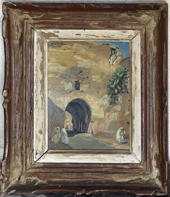 an oil painting of a man and a dog in front of a stone wall
