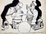 a drawing of a man and a woman sitting at a table with a fish bowl
