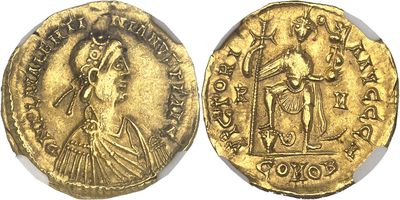 a gold coin with an image of a man holding a sword