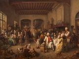 painting of a group of people sitting around a table in a room