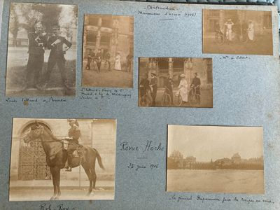 an old photo of a group of people riding horses in front of a building