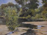 a painting of a river with trees in the background