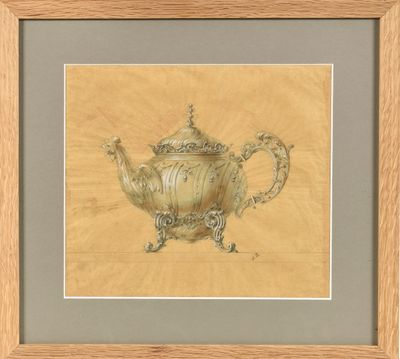 painting of a teapot on a table with a gold background