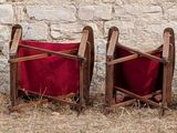 a picture of a row of red and green suitcases