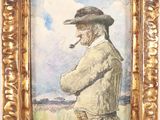 painting of a man in a hat smoking a pipe in a gold frame