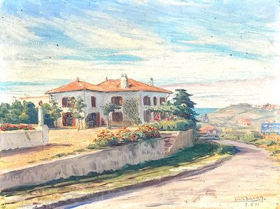 painting of a house on a hill with a road in front of it