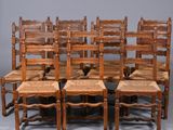 six chaises de salle à manger anciennes en chêne, avec des assises tressées et des dossiers en rotin