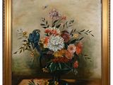 painting of a vase with flowers and a bird on a table