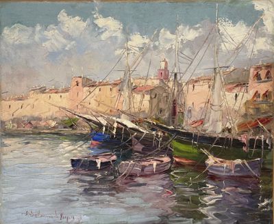 peinture de bateaux dans un port avec des bâtiments en arrière-plan