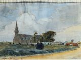 tableau représentant une église avec un clocher au loin et une route au premier plan